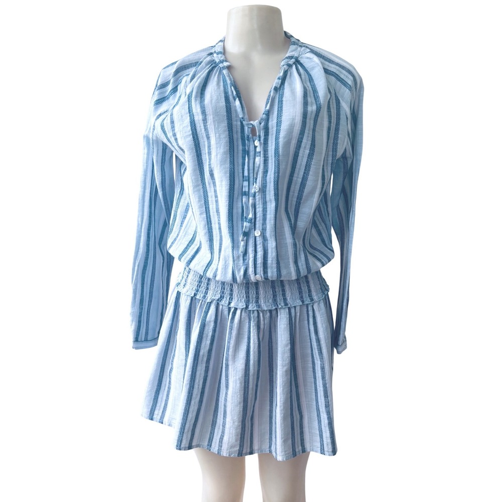 Blue Island Striped Cotton Shirt Dress S Blue White Smocked Waist Beach Resort